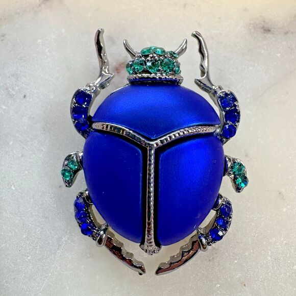 Sacred Scarab Beetle Brooch Pin with Blue Crystal – Egyptian Symbol of Rebirth - Picture 1 of 6